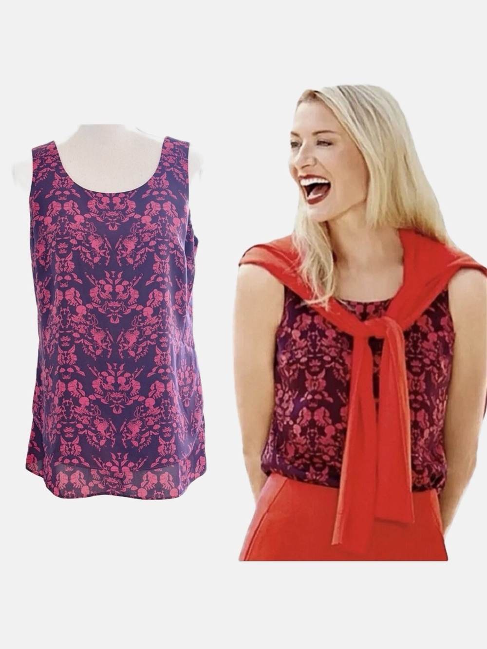 CAbi Red Cameo Print Plum Split Layered Back  Sleeveless Tank Top Blouse Size S